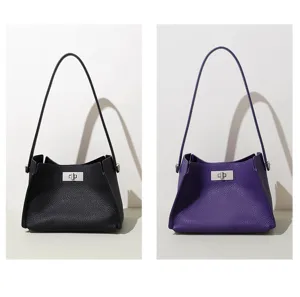 Litchi grain leather shoulder bag with chic metal turn-lock closure for women commuting.