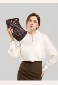 Luxury woven leather clutch bag for women, elegant brown handmade designer style handbag.