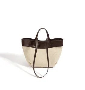 Canvas and leather contrast tote bag, large capacity shoulder bag for women daily use.