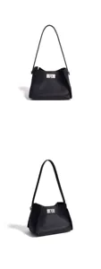 Elegant black leather shoulder bag with metal turn lock, stylish commute handbag for women.