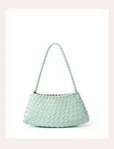 Mint green woven leather shoulder bag underarm handbag chic handmade daily commute purse.
