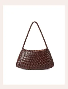 Dark brown woven leather shoulder bag, stylish underarm handbag with artisanal texture.