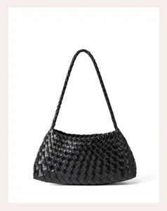 Black woven leather shoulder bag detail shot showing intrecciato texture and fine strap.