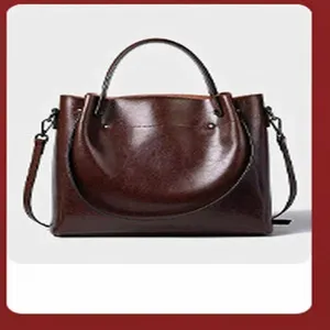 Classic brown leather women handbag simple versatile tote bag for daily commute use
