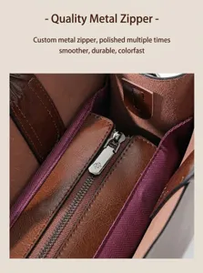 Women genuine leather handbag detail zipper design stylish commuter shoulder bag interior view