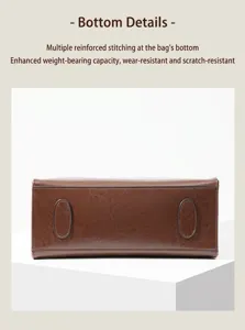 Detailed view of the women leather handbag bottom, showing durable stitching and structure.
