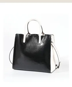 Black and white genuine leather women handbag, large capacity commuter tote shoulder bag.