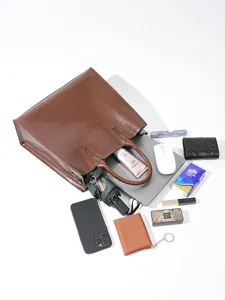 Women genuine leather tote bag large capacity commuting shoulder handbag top view display