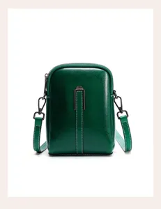 Dark green genuine leather phone crossbody bag detail, high-end niche small shoulder bag for women.