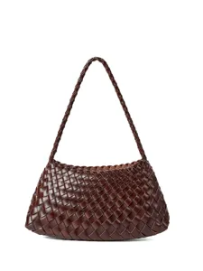 Dark brown woven leather shoulder bag, chic underarm tote for women daily commute style.