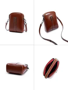 Women genuine leather crossbody phone bag small shoulder bag minimalist daily casual purse brown