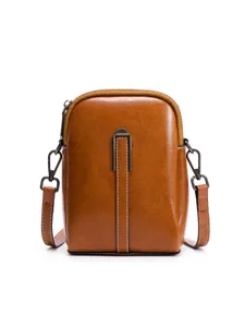 Brown leather crossbody phone bag for women, stylish small shoulder handbag with zipper.