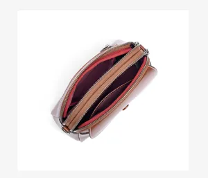 Genuine leather women crossbody bag detail view, multi-layer zipper brown purse for daily use.