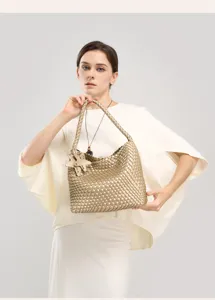 Gold woven shoulder bag braided bucket bag fashion casual large capacity tote accessory