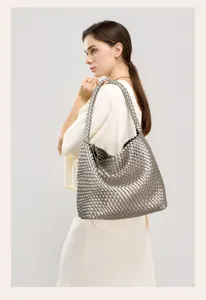 Handwoven metallic silver shoulder bag, stylish casual hobo tote for women daily commute.