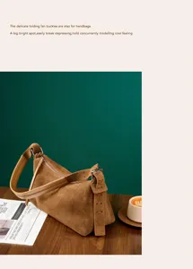 Vista dettagliata della borsa a spalla in scamosciato marrone con fibbie eleganti e pelle.