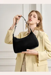 Women black suede hobo shoulder bag casual commuting fashion underarm handbag for daily use.