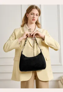 Detailed view of women black suede shoulder bag, stylish casual underarm hobo handbag.