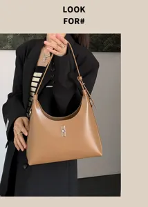 Brown leather shoulder bag underarm hobo bag for women chic metal lock spring summer style