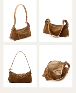 Borsa a tracolla in camoscio marrone con cinturino in pelle, dettagli multi-angolo, elegante.