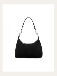 Black suede shoulder bag for women, chic minimalist underarm purse with silver hardware.