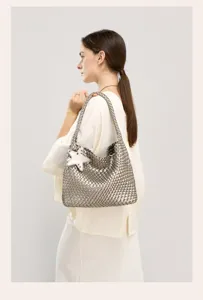 Woven metallic shoulder tote bag with star charm, casual fashion large capacity hobo handbag.