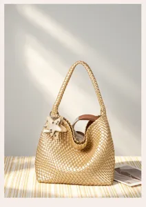 Gold woven leather shoulder bag hobo tote bag stylish casual beach vacation large capacity