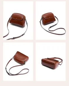 Detailed multi-angle view of brown leather retro women shoulder crossbody bag details.