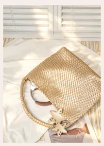 Woven metallic gold shoulder bag casual tote handbag for women summer vacation daily use