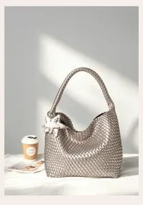 Silver woven shoulder bag, casual large capacity hobo tote bag for daily fashion travel use.