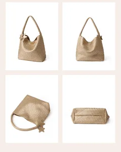 Gold woven hobo shoulder bag with star charms, detailed multi-angle view for women.