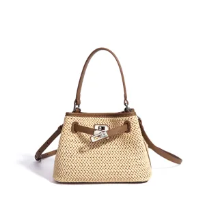 Straw woven handbag for women, casual summer beach crossbody bag with top handle and turn lock.