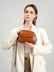 Genuine leather women shoulder crossbody bag vintage retro brown small round bag fashion main