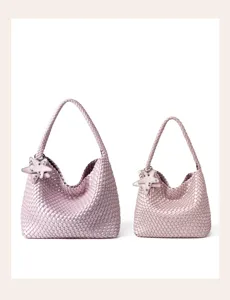 Pink woven leather handbag set bucket bag with cute star charm fashion casual shoulder tote