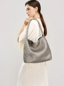 Metallic silver woven shoulder hobo bag, stylish large capacity tote main showcase.