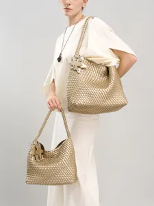 Chic gold woven shoulder bag fashion casual large capacity tote bag for women daily vacation