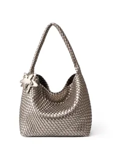 Metallic woven shoulder bag for women, large capacity casual hobo tote bag with star charm