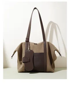 Sac cabas en toile couleur contraste, sac à épaule de grande capacité pour le travail.