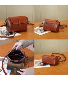 Genuine leather oil-wax cowhide women shoulder crossbody shell bag versatile casual handbag.