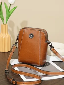 Women Vintage Genuine Waxed Leather Crossbody Bag Small Casual Mobile Phone Shoulder Bag Retro Daily Purse