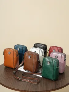 Waxed cowhide leather small crossbody bag for women, casual phone bag with flower design.