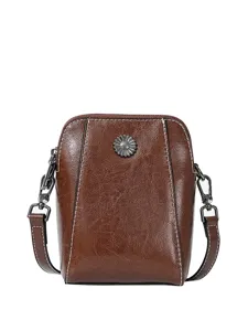 Genuine leather retro brown small crossbody bag for women with metal sunflower decor and strap.