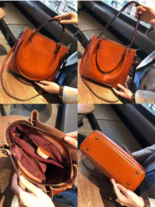 Bolso de mano de mujer de cuero genuino retro marrón bandolera gran capacidad bolso casual