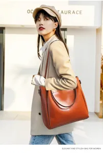 Bolso tote clásico de cuero genuino marrón para mujer, gran capacidad de hombro.