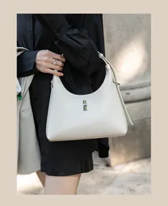 Elegant white leather hobo shoulder bag for women, chic minimalist daily fashion handbag