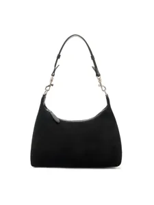 Black suede hobo shoulder bag for women, chic minimalist underarm design with hardware.