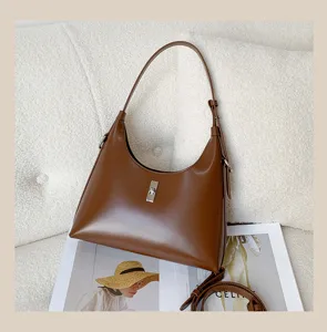 Brown leather shoulder bag minimalist hobo handbag stylish underarm bag for women daily fashion