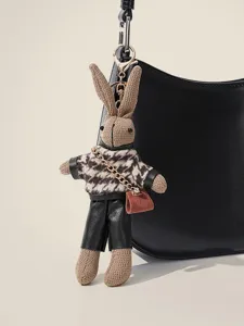 Porte-clés poupée peluche lapin motif pied-de-poule tendance, charm de sac mignon.