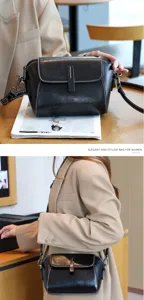 Detail view of a black genuine leather crossbody shoulder bag with contrast stitching and flap.