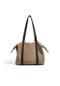Vue détail du sac cabas en toile décontracté avec anses en cuir noir grande capacité.